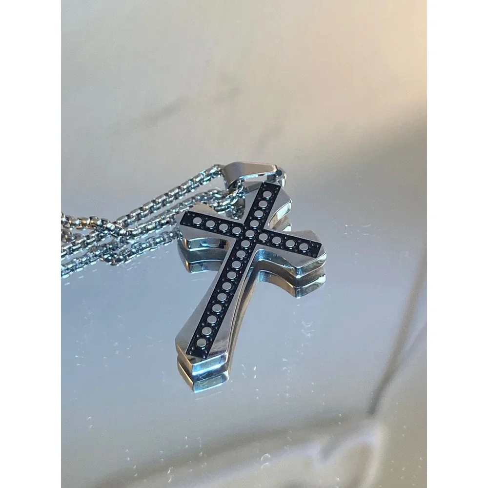 Cross Pendant Necklace EWOPT Silver Tone Black Inlay Gothic Box Chain 21.5in